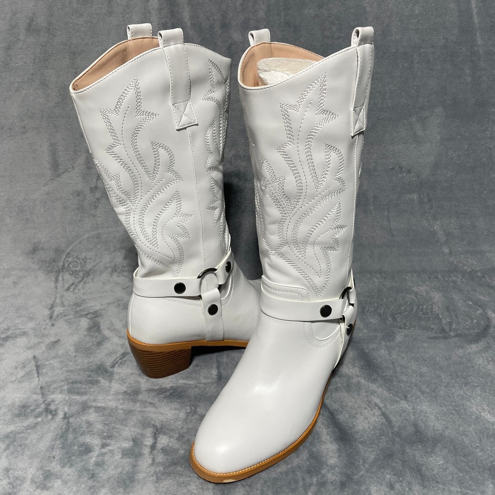 White Western Harness Cowboy Boots Embroidered‎ Tall Vegan Leather Size 39.5